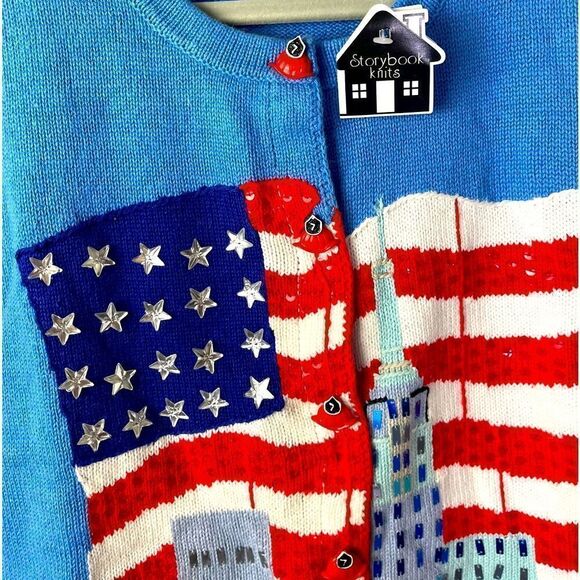 NWT Storybook Knits L/S Cardigan in Azure Blue Limited Edition Patriotic Theme L - Picture 3 of 6